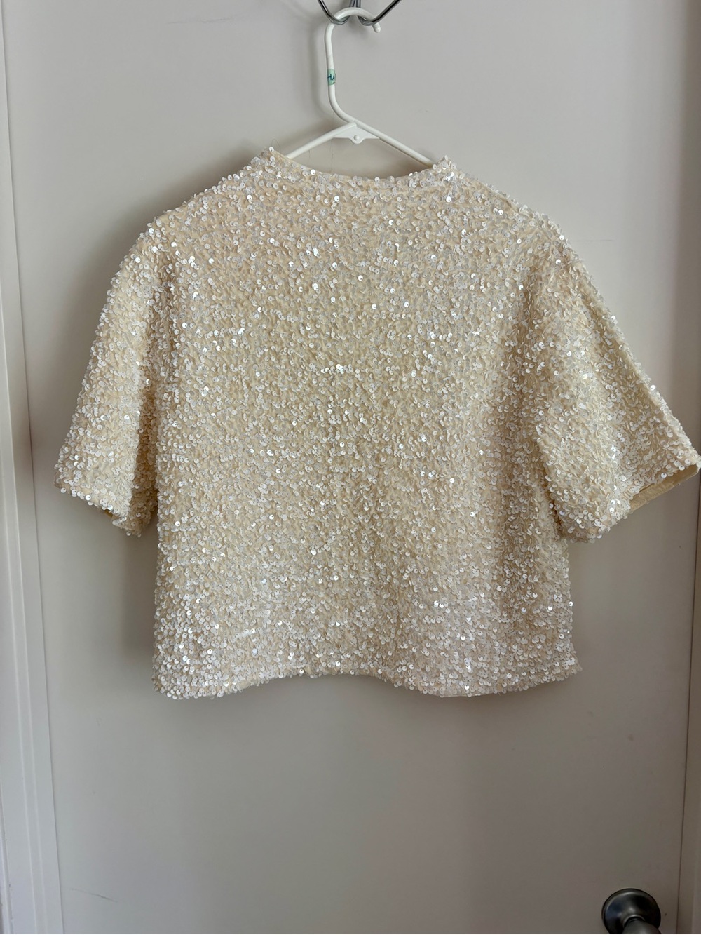 H&M Cream Sequin Short-Sleeve Boxy Top